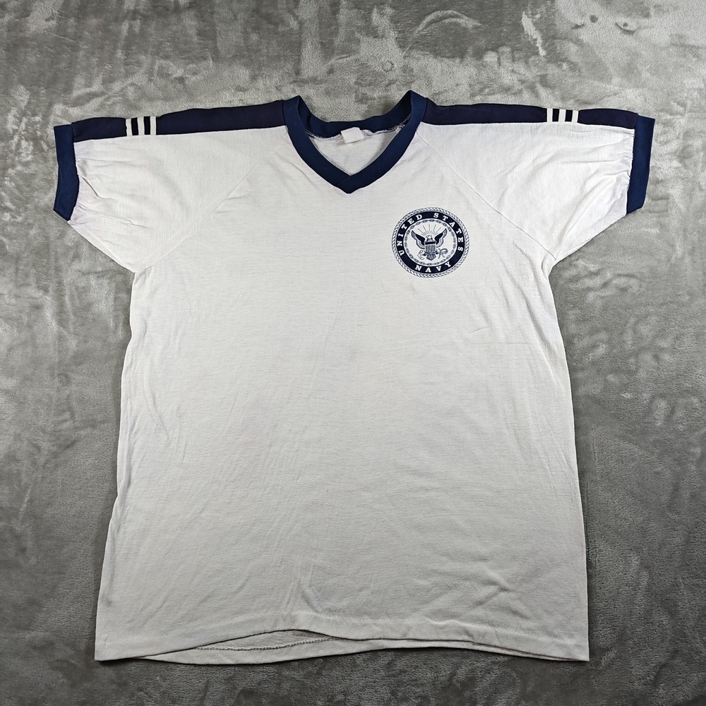 Vintage United States Navy Shirt Mens Medium White Blue Ringer T V Neck Military